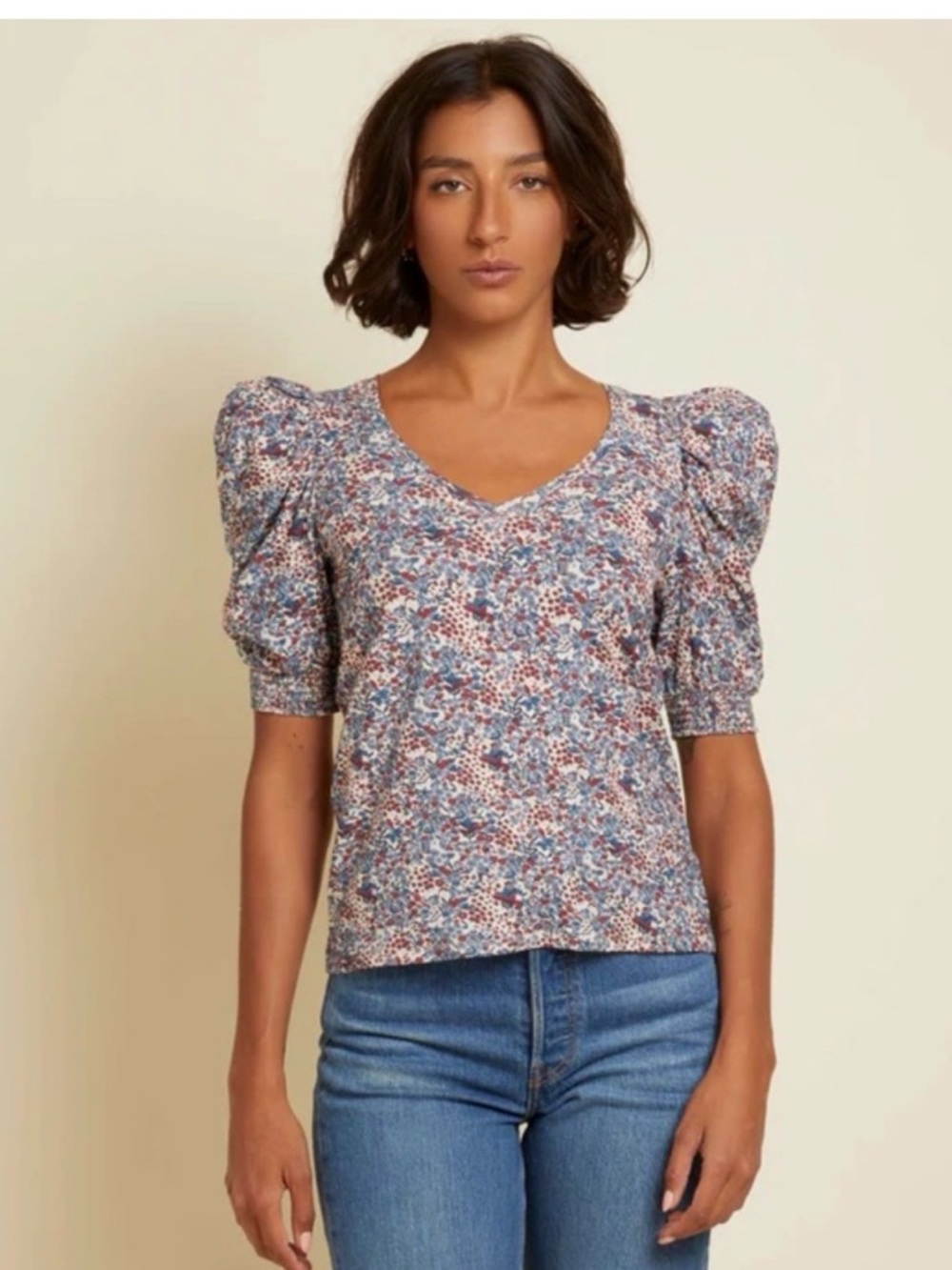Nation LTD Celine Puff Sleeve Floral Cherry Blossom Tee Size Large